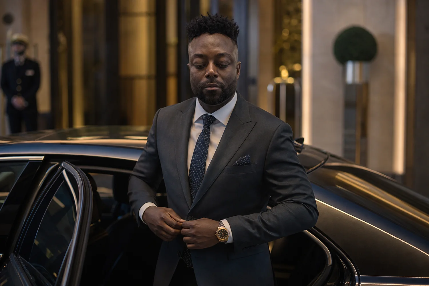 Arafat Tresor Maxell arriving for a diplomatic engagement beside a vehicle