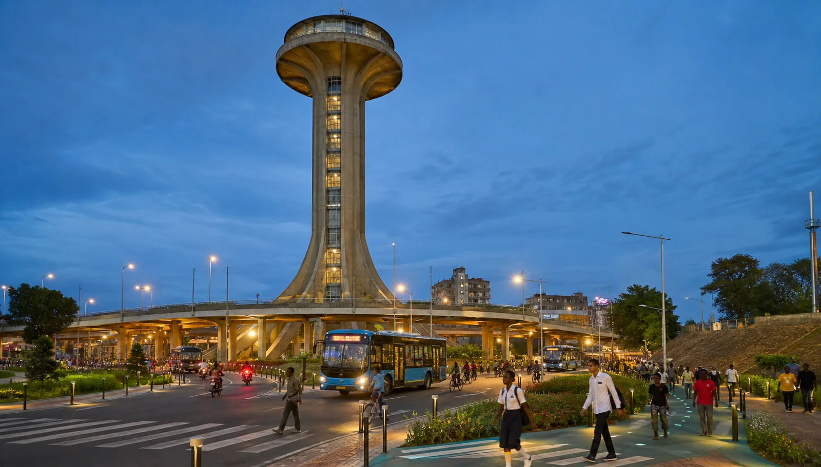 Tour de l’Échangeur surrounded by future-ready public transport and city life
